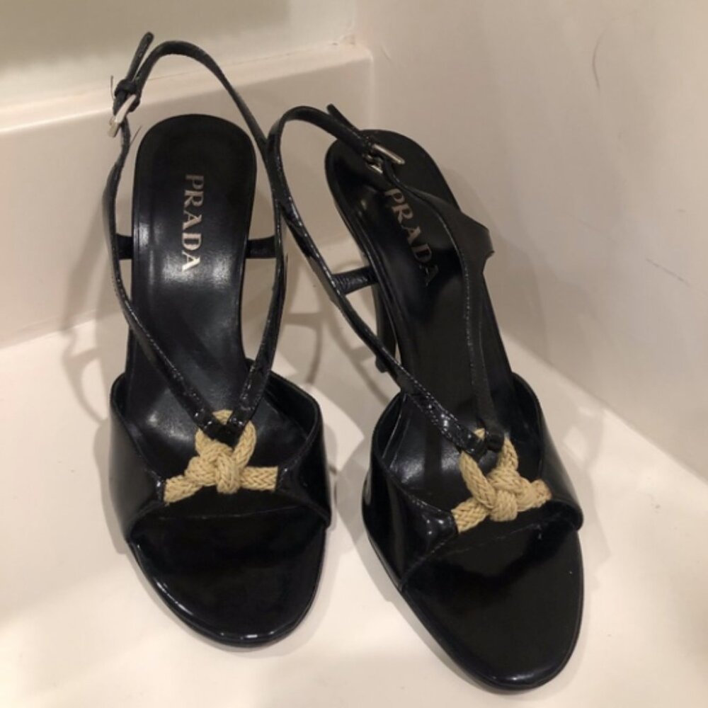 Prada Black Leather Pump Heel Sandals with Rope Detail size IT 38 US 8